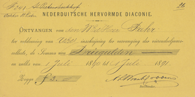 712261 Nota voor de ontvangst van een vaste bijdrage à fl. 3,- van de heer Rahr over de jaren 1890/91, ten bate van de ...